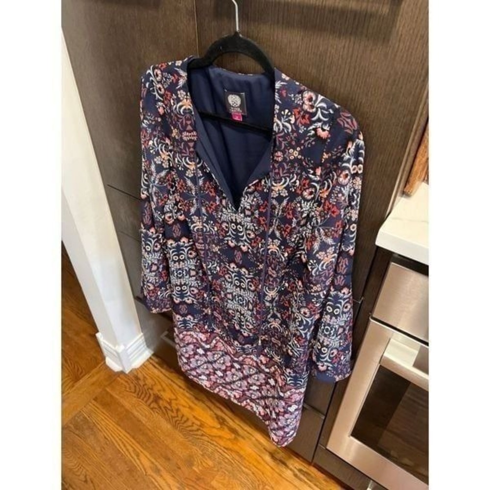 Vince‎ Camuto Dress Women 12 Blue Floral Sheer Bell Flutter Sleeves Tassels Boho